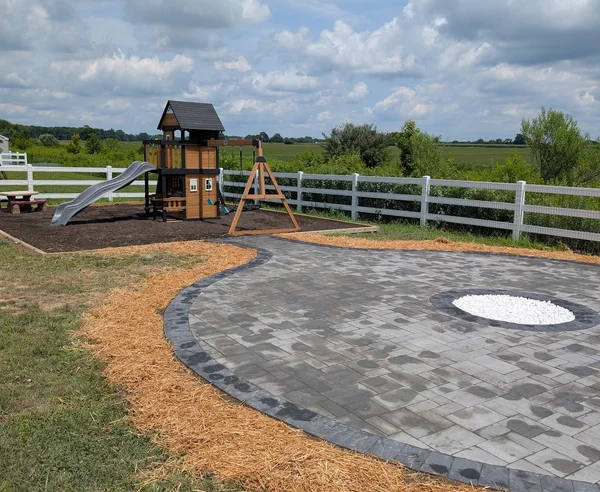 Paver Patio with Fire Pit Zone & Playset Mulch Bed - Design