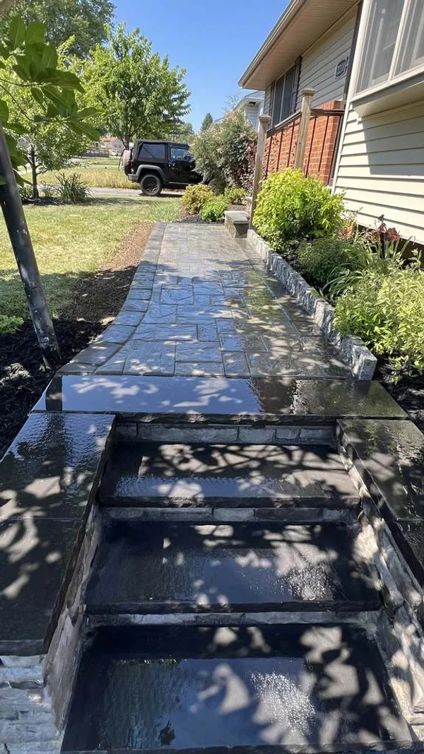 Stone Veneer Planter, Steps & Front Walkway